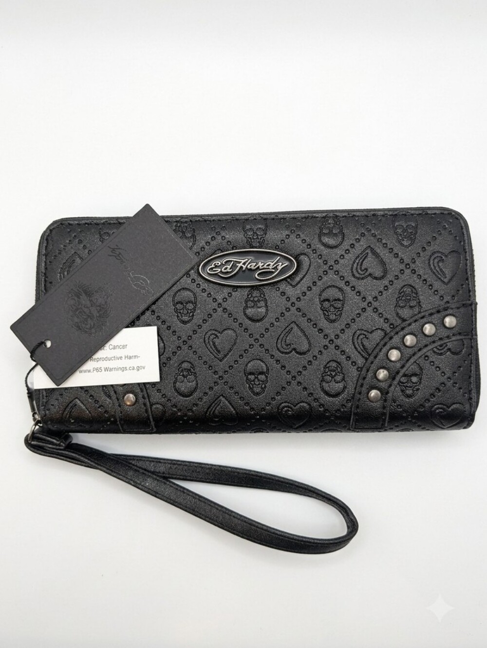 Ed Hardy NWT Black Embossed Wristlet Zip Around Wallet
